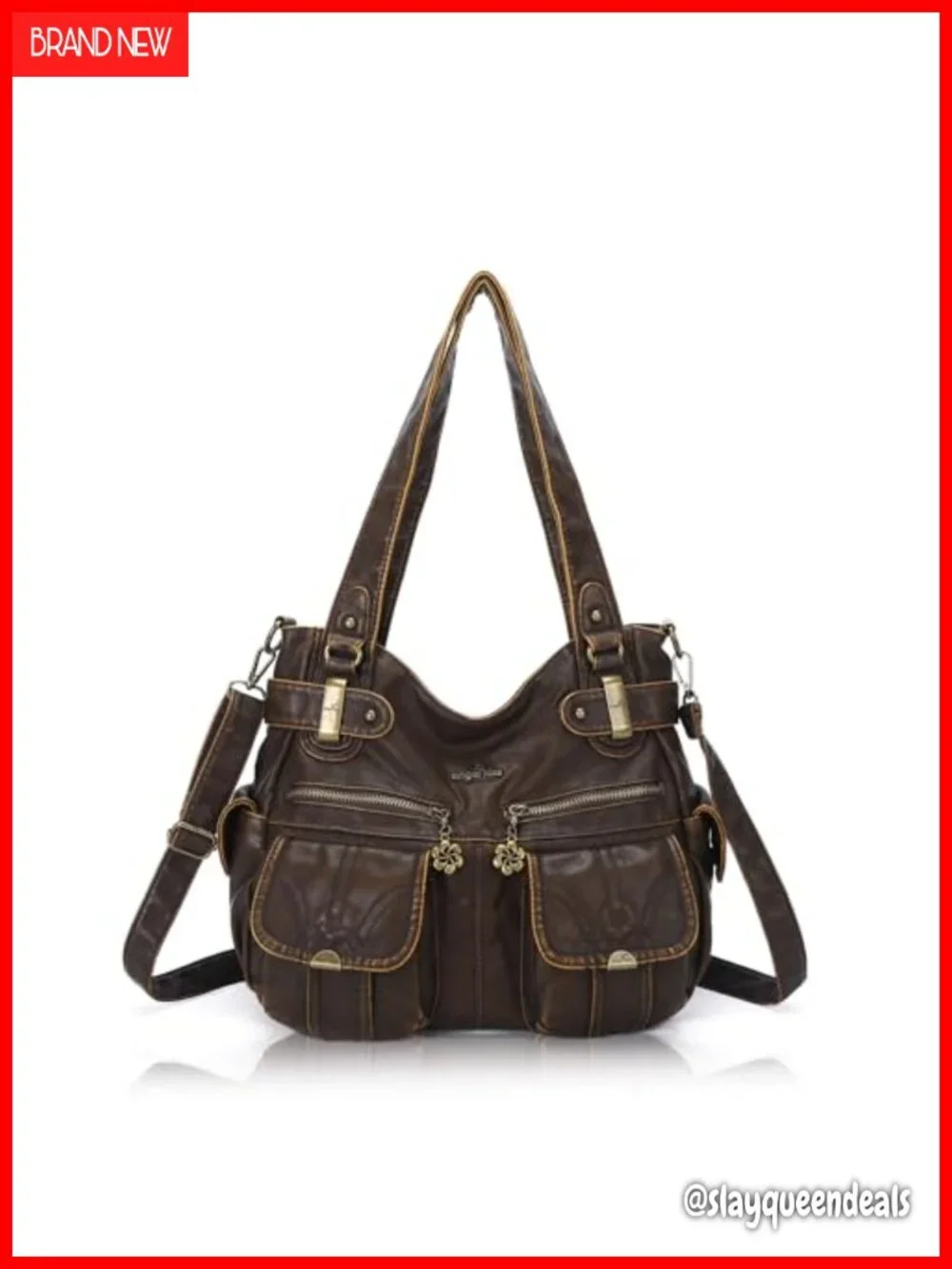 Women's Large Hobo Bag Washed PU Leather Double Zipper Multi Pocket Handbag